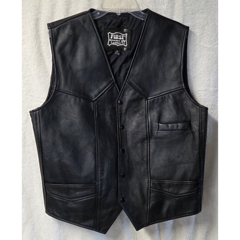 VTG 80/90s First Genuine Leather Biker Motorcycle Vest Black Mens L Western Snap